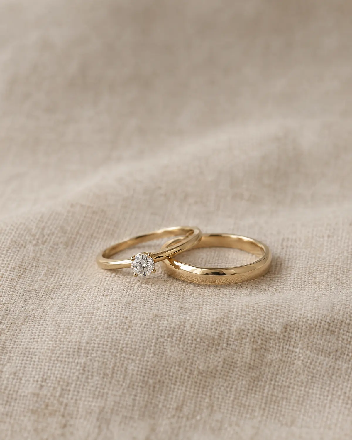 A yellow-gold solitaire and a matching band on linen